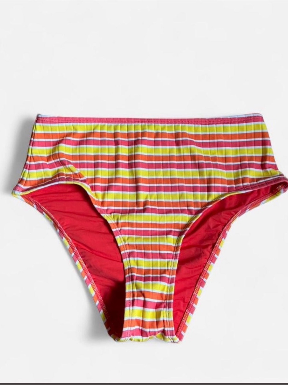 SOLID & STRIPED High-Waist Bikini Bottoms in Orange, Yellow, Pink Stripe